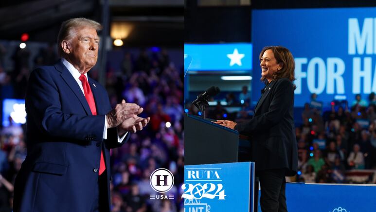 donald trump en mitin político y kamala harris en mitin político