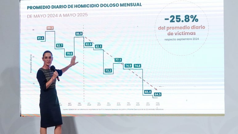Intentional homicides decrease by 25.8% from September 2024 to May 2025; this represents 22 fewer homicides per day: President Claudia Sheinbaum