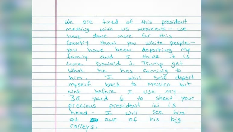 Carta de amenaza a Donald Trump, escrita por Demetric D. Scott y firmada bajo el nombre de amón Morales Reyes.